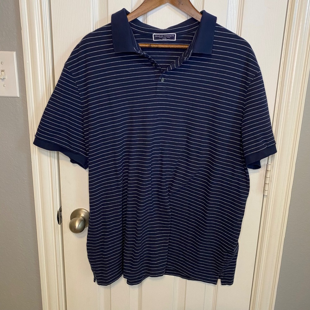 Charles Tyrwhitt Polo Shirt Mens XXL Navy Blue Striped Short Sleeve Cotton Pique